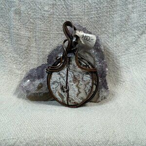 Handcrafted Antiqued Copper Wire-Wrapped Gray White Crazy Lace Agate Pendant